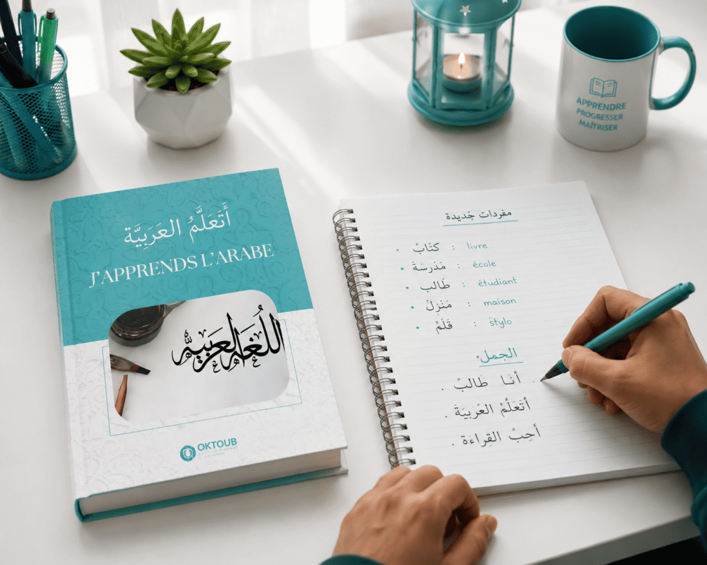 Livre « J'apprends l'arabe » posé à côté d'un cahier où sont écrits des mots de vocabulaire arabe et leur traduction en français
